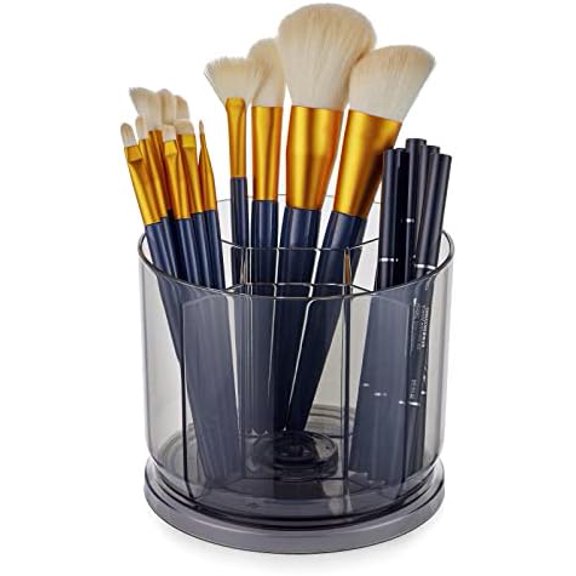 Makeup Brush Holder Organizer -Rotating 360° Clear Storage Cup Containers for Vanity, Desk, Countertop, Spinning Pen Holder for Desk, Round Make up Brush Stand with 5 Slots, for Cosmestics (Grey)