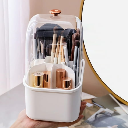Makeup Brush Holder Organizer with Dustproof Lid 360° Rotatable Cosmetics Make up Brush Storage for Dresser, Bathroom, Vanity or Makeup Room (White)