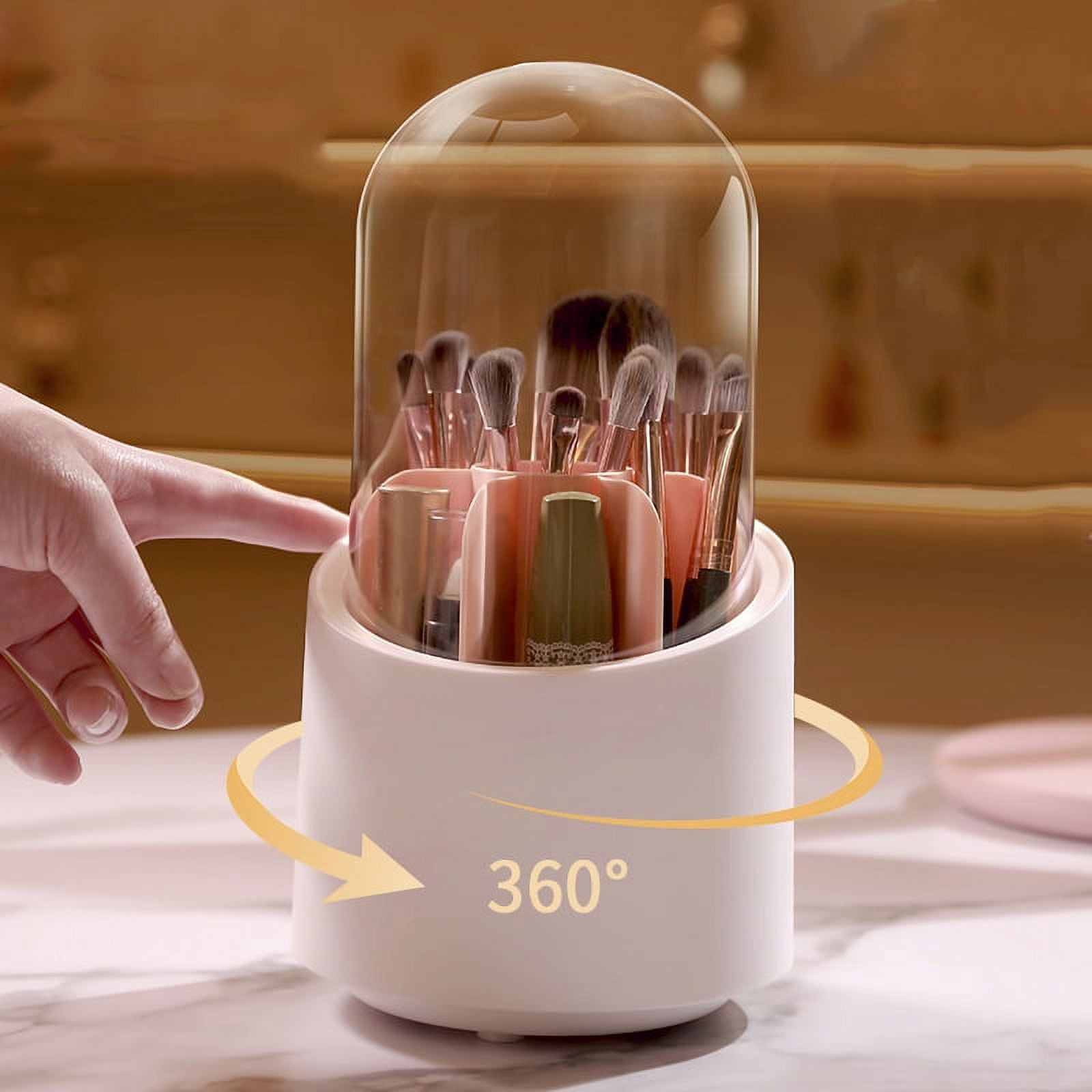 Makeup Brush Holder Organizer with Lid 360 Rotating Dustproof Makeup