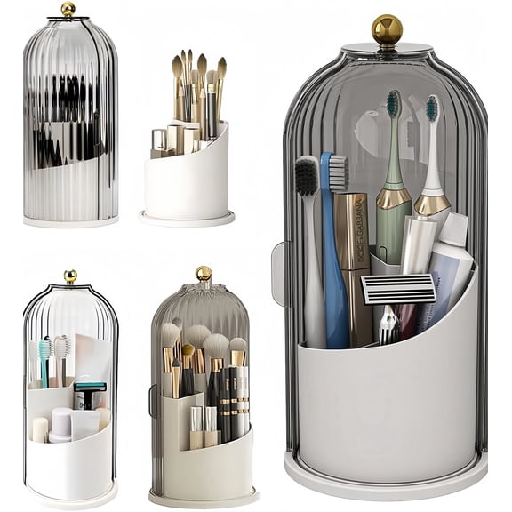 Makeup Brush Holder with Lid, Dustproof Rotating Cosmetic Organizer for Vanity, Bathroom, Countertop