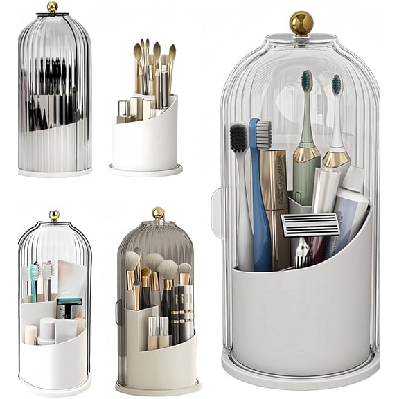 Makeup Brush Holder with Lid, Dustproof Rotating Cosmetic Organizer for Vanity, Bathroom, Countertop