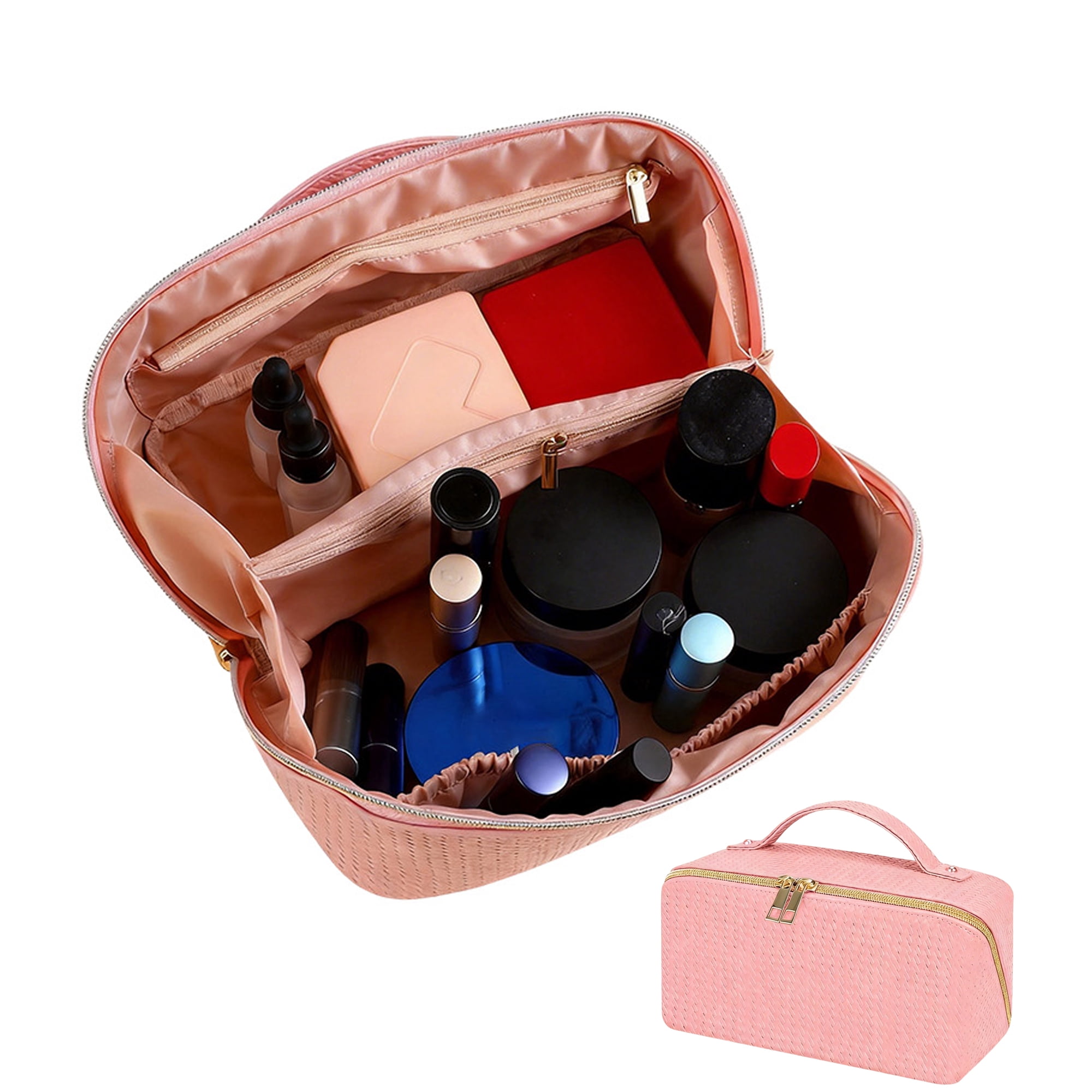 Large Capacity Makeup Bag, Travel Cosmetic Bag, PU Leather Cosmetic Makeup Bag with Handle, 180° Wide Opening Toiletry Bag for Travel, Portable Toiletry Bag for Skincare & Travel Essentials