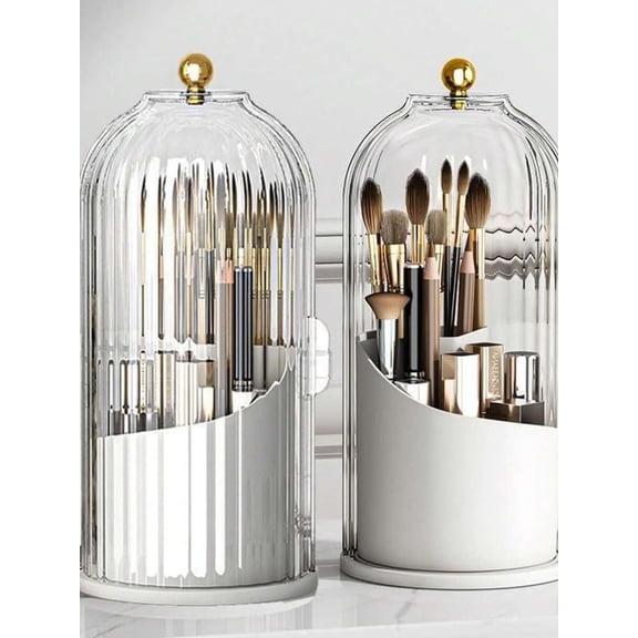 Makeup Brush Organizer with Clear Dustproof Sliding Lid, 360 Rotating 3-Slot Toothbrush Holder for Vanity Bathroom Countertop, Multi-Grid Hidden Storage Box with Glass Dome, White