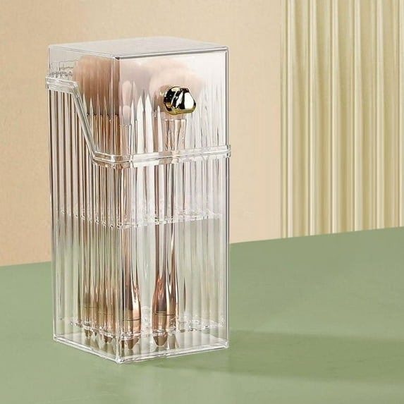 Makeup Brush Organizer, Cosmetic Brush Holder, Clear Dustproof Makeup Brush Storage with Lid, Durable Plastic Makeup Brush Stand with Removable Slots and Waterproof Cover