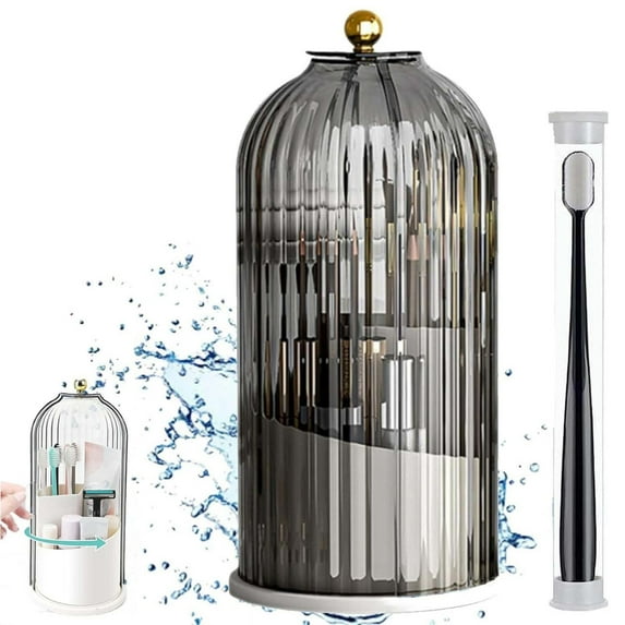 Makeup Brush Organizer with 360° Rotating Base & Lid, Clear Acrylic Vanity Holder with Nonslip Bottom, Multi-Compartment Storage for Bathroom Vanity