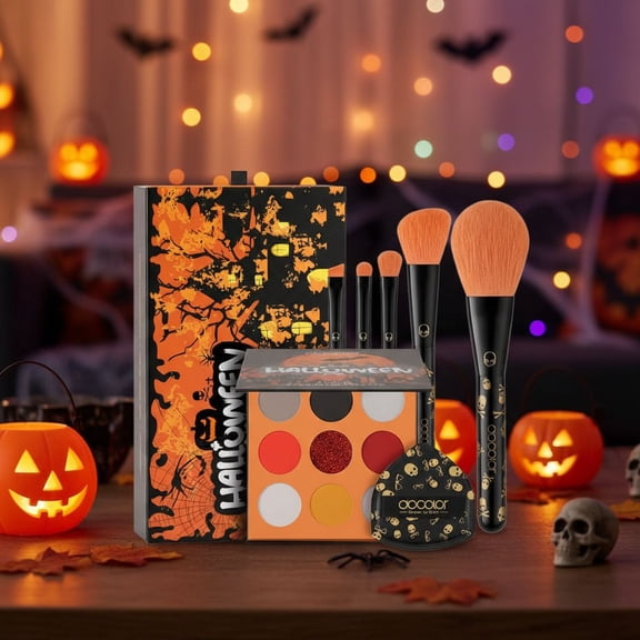 Makeup Brush Set, 5PCS Goth Makeup Brushes Powder Contour Eyeliner Brow Eyeshadow Brush Set with 9 Colors Pigmented Eyeshadow Palette,1PC Makeup Sponge Puff & 3PCS Fake Scar Tattoo Makeup kit