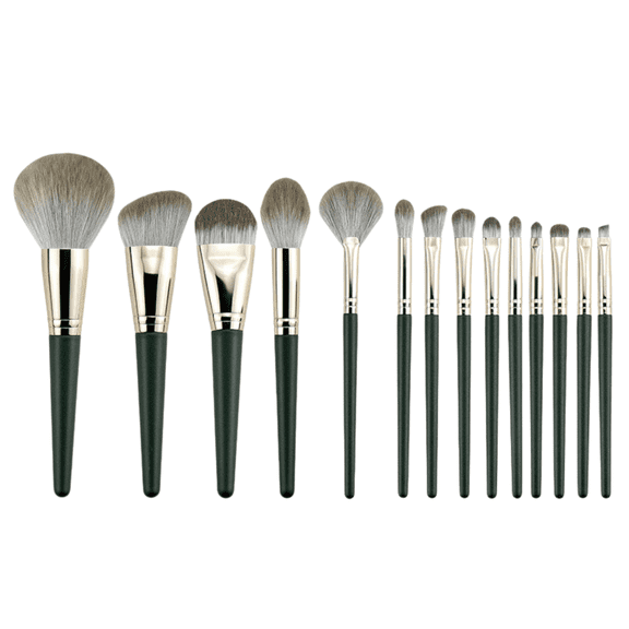 Makeup Brush Set, Elegance Defined: 14-Piece Dark Green Wood Handle Makeup Brush Set in Soft Green Leather Pouch, 2 oz
