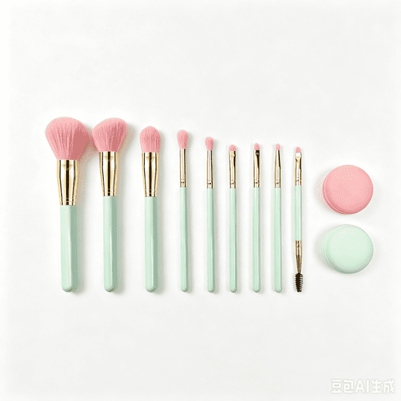 Makeup Brush Set with Bag, Green and Pink, 12 Pieces