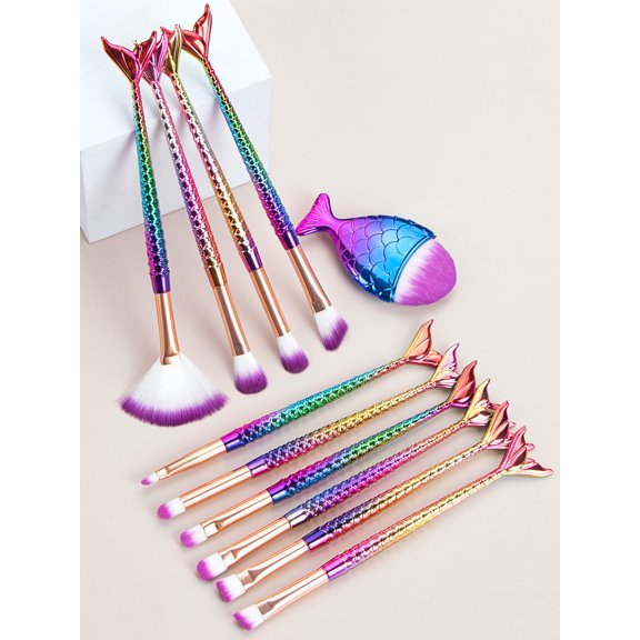 Makeup Brush Sets 11pcs Cartoon Fish Scale Design Multifunctional Cosmetic Brushes Set, Complete Foundation Blending Powder Contouring Kit with Case, Professional Makeup Tools for Women Gift