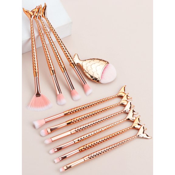 Makeup Brush Sets 11pcs Cartoon Fish Scale Design Multifunctional Cosmetic Brushes Set, Complete Foundation Blending Powder Contouring Kit with Case, Professional Makeup Tools for Women Gift
