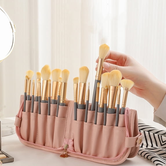 Makeup Brush Storage Bag, Large Capacity Cosmetic Organizer with Compartments, Waterproof Portable Artist Tool Bag for Eyebrow Pencil, Makeup Artist and Travel Use