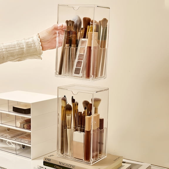 Makeup Brush Storage Tube with Dustproof Function, Desktop Cosmetic Organizer Box for Brushes and Tools(5.12*3.58*8.66in)