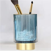 Makeup Brush holder Organizer,Crystal Cosmetic Makeup Brush Glass Brushes Storage Holder, Vintage Make Up Brush Cup Pen Pencil Holder striped vaseBlue Large