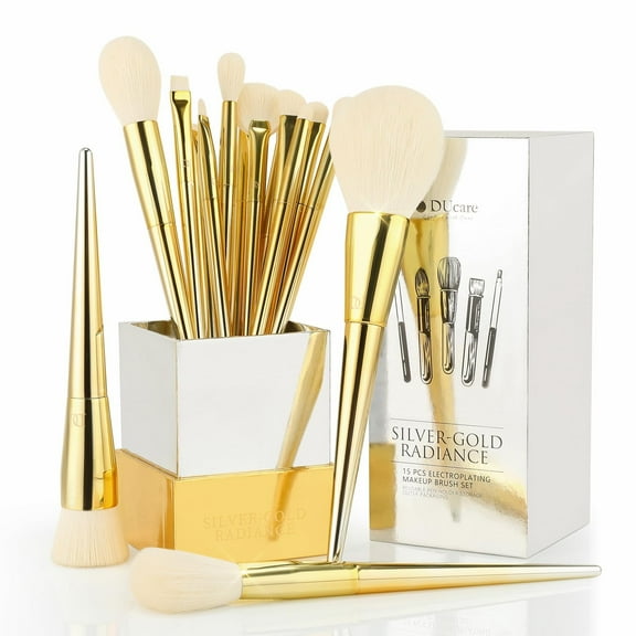 Makeup Brushes 15 Pcs, DUcare Powder Foundation Contour Blush Concealer Eye Shadow Blending Liner Make up Brush Kit Gold-silver