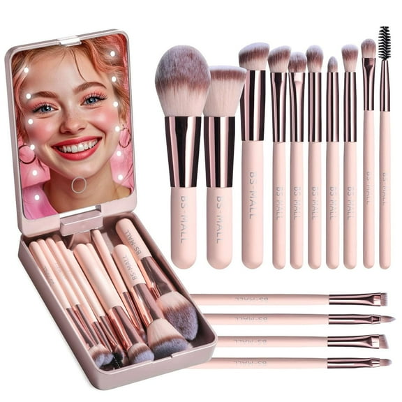 Makeup Brushes Foundation Powder Concealers Eye Shadows Makeup Set with LED light Mirror 14 Pcs Mini Makeup Brushes (APINK)