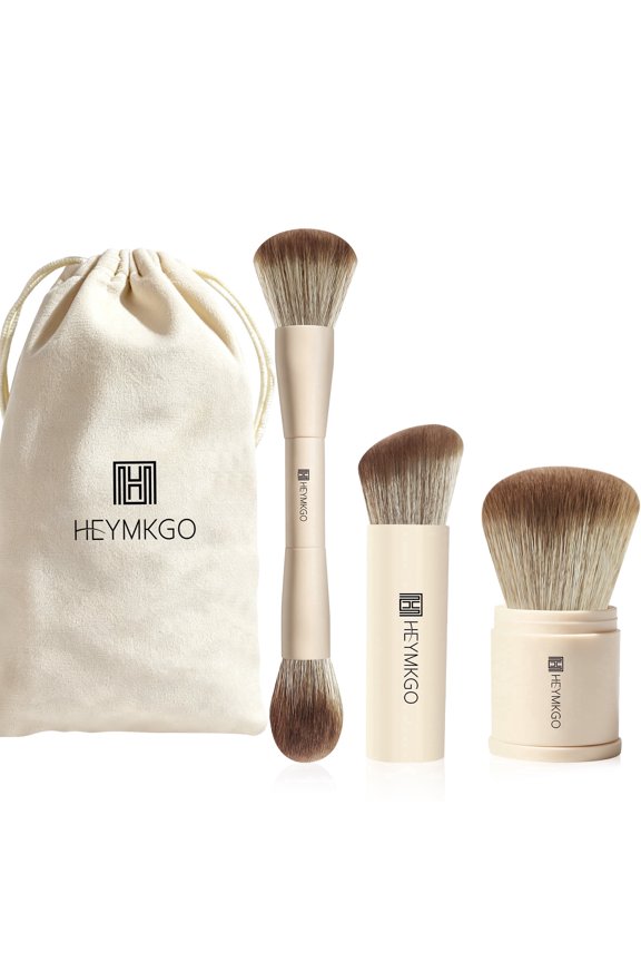 3Pcs Travel Makeup Brush Set Retractable Kabuki Foundation Brush, Dual-Ended Contour/Highlighter & Angled Blush Brush with Pouch (Beige)