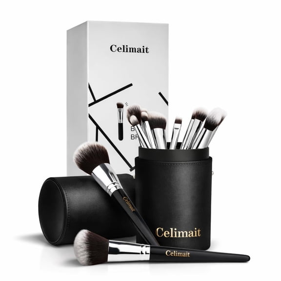 Makeup Brushes Set 12 Piece Professional & Beginner Friendly, Soft Synthetic Bristles for Face Eyeshadow Blending, Easy to Clean Travel Ready with Case, Ergonomic Wooden Handle (Light Black)