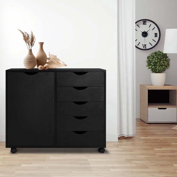Naomi Home Adult Amy 5-Drawer Wood Dresser Chest with Cabinet Door, Mobile Storage Organizer & Printer Stand for Home Office, Black