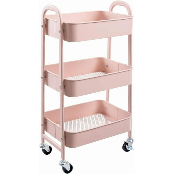 Makeup Cart, Movable Rolling Organizer Cart, 3 Tier Metal Utility Cart, Rosiness