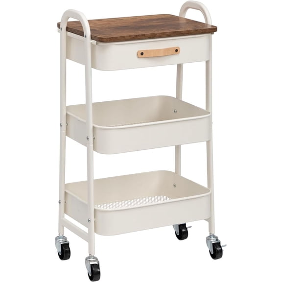 Makeup Cart Movable Rolling Organizer Cart with Drawer, 3 Tier Metal Utility Cart with Hanging Cups,Drawer with Leather Handle, Mobile Trolley Cart for Home & Office, White