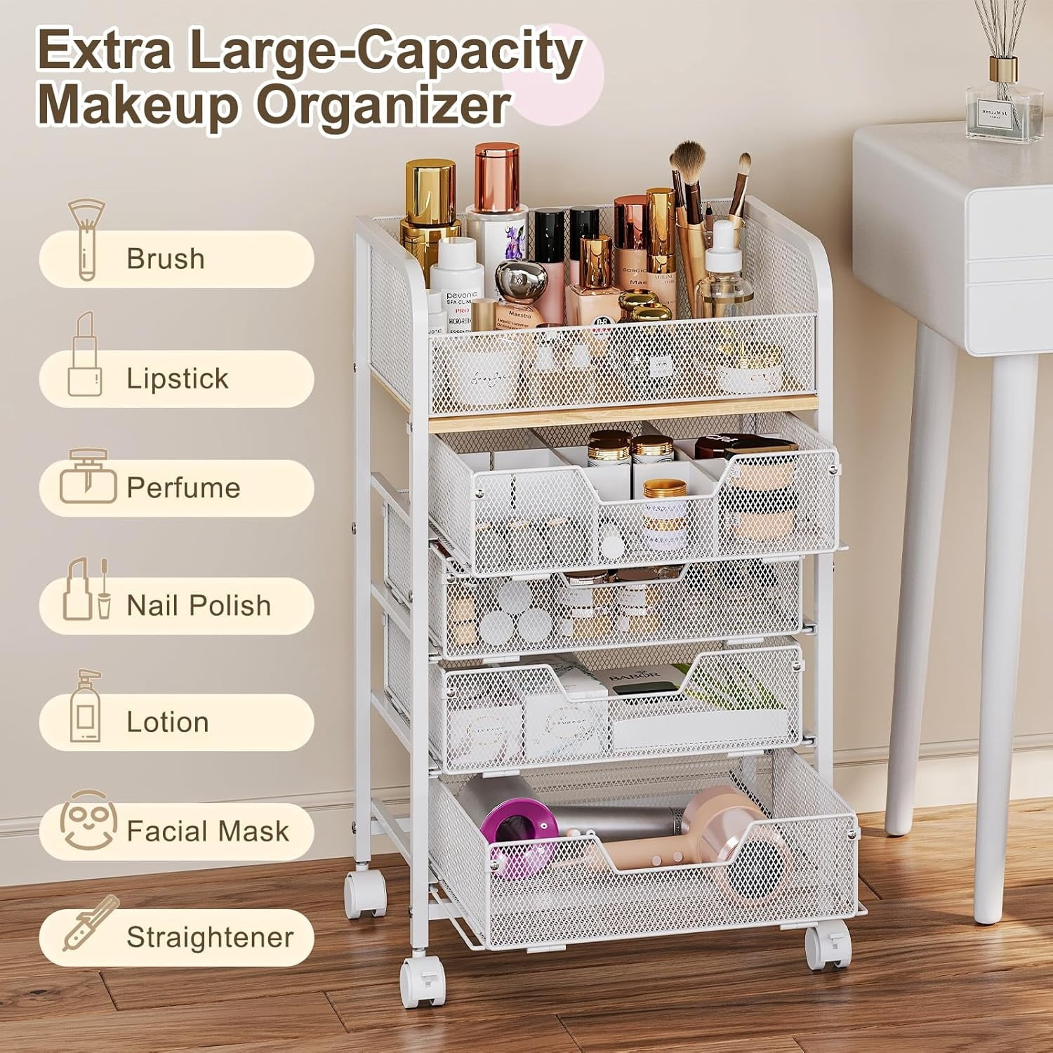 Skin Drawer Makeup Cart Organizer with 4 Drawers, Large Floor Skincare Organizers ...