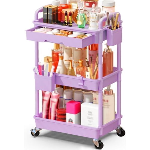 Makeup Cart Organizer with Drawers, Floor Skincare Organizers Vanity Storage Organizer, Rolling Makeup Bathroom Storage Cart Cosmetics Display Cases for Skin Care Perfume Nail Polish, Purple