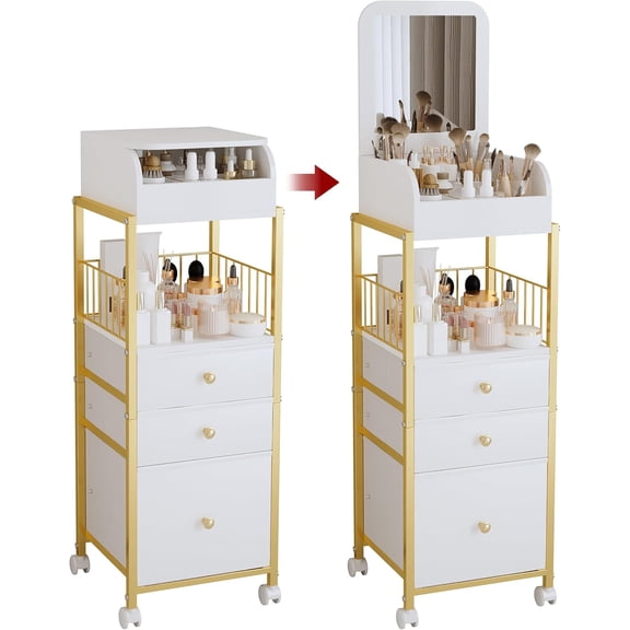 Makeup Cart Organizer with Mirror, Large Floor Skincare Organizers Make Up Organizers-Vanity Storage Organizer Cosmetic Display Cases Holder for Skin Care Perfume Nail Polish Brush Hair Tool (Gold)