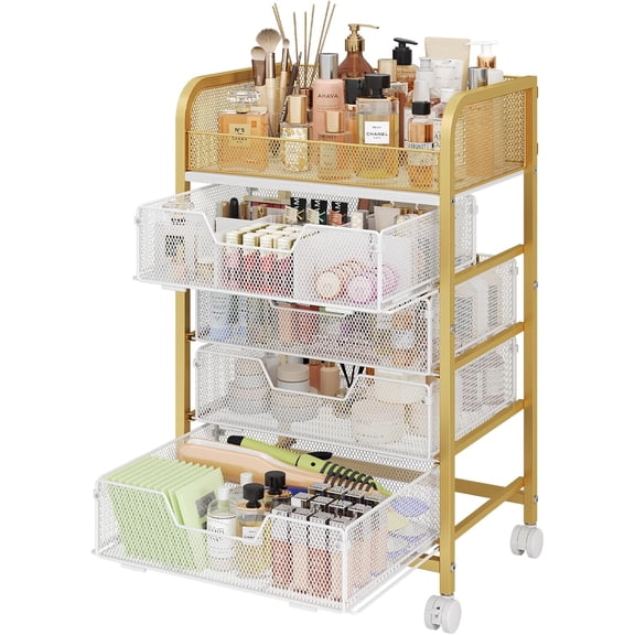 Makeup Cart Organizer with 4 Drawers and Wheels for Skincare and Cosmetics Storage in Gold
