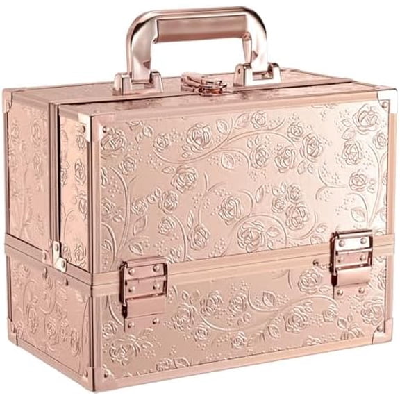 Makeup Case 11.8 Inch Makeup Organizer Case Large Box with Mirror Portable 3 Trays Travel Storage Box for Make Up Tech Kits Case Rose Floral