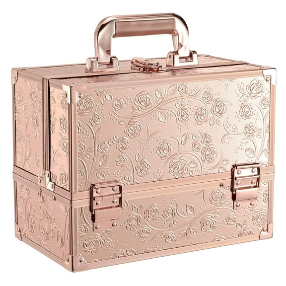 Makeup Case 11.8 Inch Makeup Organizer Case Large Cosmetic Box with Mirror Portable 3 Trays Travel Storage Box for Make Up Nail Tech Kits Cosmetology Case 3D Rose Gold Floral