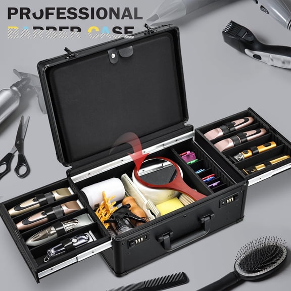 Makeup Case Black with Sliding Tray Professional Barber Tool Storage Organizer