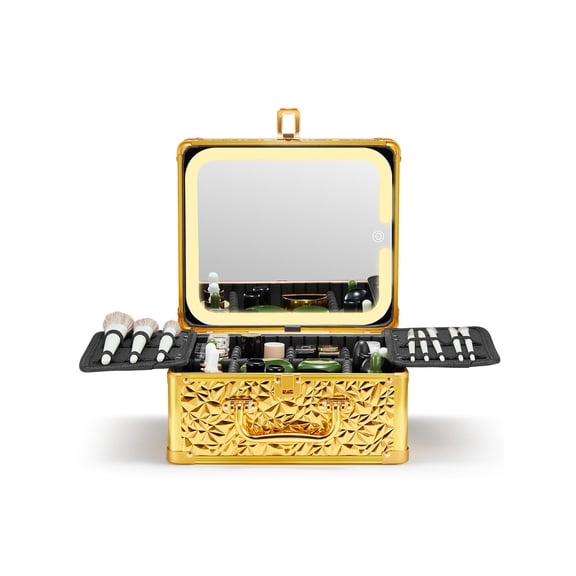 Makeup Case Bling Gold Small Travel Organizer with Lighted Mirror