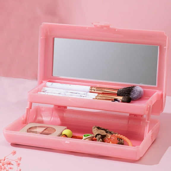 Makeup Case with Built in Mirror,Cosmetic Box with Mirror Accessory Storage Box Portable Travel Cosmetics 2 Layer Folding Storage Bag Compact and Portable Suitable for Student Girls