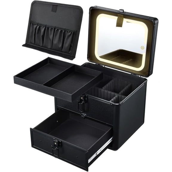 Makeup Case with Drawer, Detachable Lighted LED Mirror, Makeup Organizer Box Travel Make up Vanity Case Portable Cosmetic Train Case for MUA Lockable Makeup Suitcase with Adjustable Dividers
