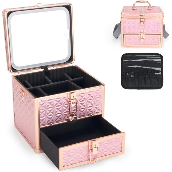 Makeup Case with Drawer, Detachable Lighted LED Mirror, Travel Organizer, Portable Case, Lockable Makeup Suitcase with Adjustable Dividers, Strap, Brush Holder