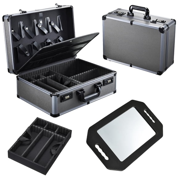 Makeup Case Grey with Mirror 6 Adjustable Slots 8 Shear Holders Portable Hair Tool Organizer
