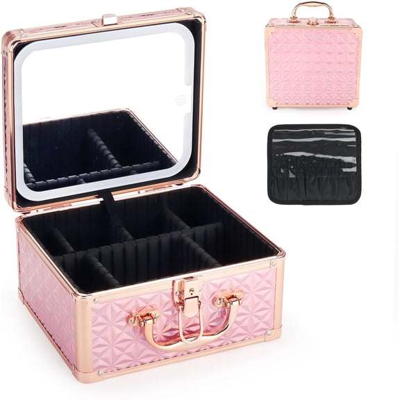 Makeup Case with LED Mirror, Portable Lockable  Case, Travel Makeup  Box for Women,  Organizer, Detachable 3-Color Lighted Mirror, Adjustable Dividers, Brush Holder