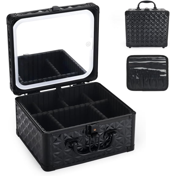 Makeup Case with LED Mirror, Portable Lockable Case, Travel Makeup Box for Women, Organizer, Detachable 3-Color Lighted Mirror, Adjustable Dividers, Brush Holder