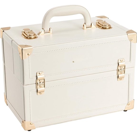 Makeup Case Large Portable Makeup Storage Box Organizer Lockable with 4 Tray Compartments Retro Champagne Beige Vegan Leather