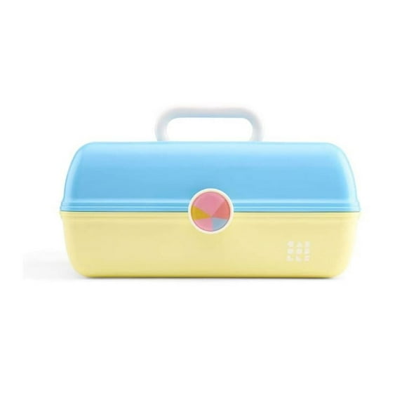 Makeup Case Large - Travel Cosmetic Train Caboodle for Girls Organizer Storage Box Hard Case With Mirror - Sky Blue and Lemon Yellow 13" x 7.4" x 6", Sold by