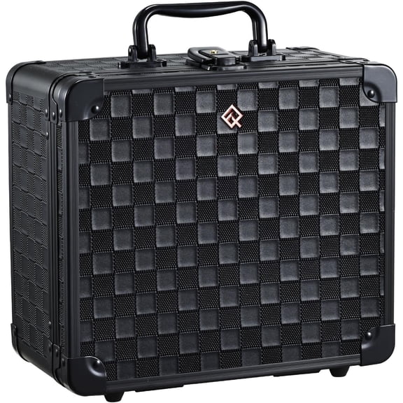 Makeup Case with Lighted Mirror 10.15 IN Makeup Organizer Box Travel Case with 3 Colors LED Mirror Portable Vanity Make up Suitcase with Dividers Brush Holder Lock Black Checkerboard