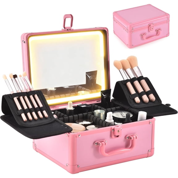 Makeup Case with Lighted Mirror, Makeup Box Organizer with Detachable LED Mirror, Travel Makeup Train Case, Waterproof Cosmetic Organizer, Standing Brush Holder, Gift, Pink