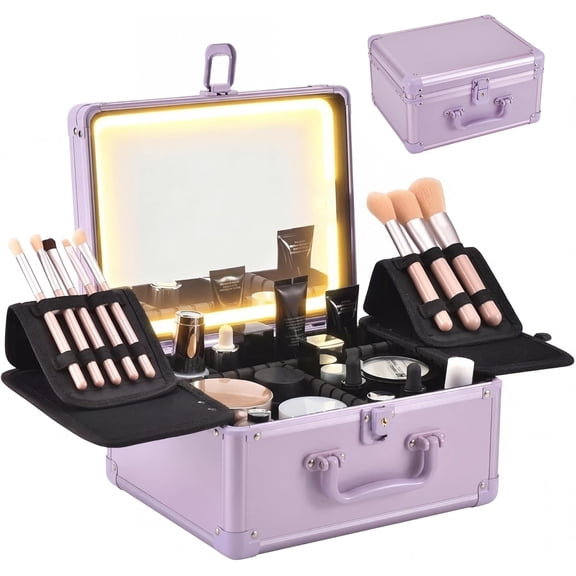 Makeup Case with Lighted Mirror, Makeup Box Organizer with Detachable LED Mirror, Travel Makeup Train Case, Waterproof Cosmetic Organizer, Standing Makeup Brush Holder, Gift, Black Green