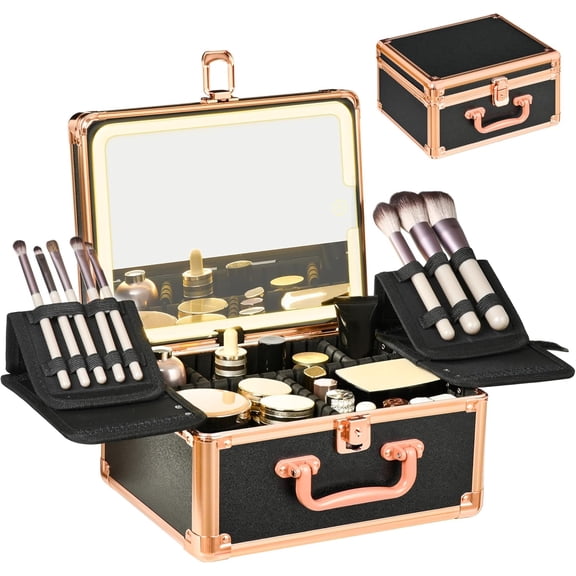 Makeup Case with Lighted Mirror, Makeup Box Organizer with Detachable LED Mirror, Travel Makeup Train Case, Waterproof Cosmetic Organizer, Standing Makeup Brush Holder, Gift, Black Gold