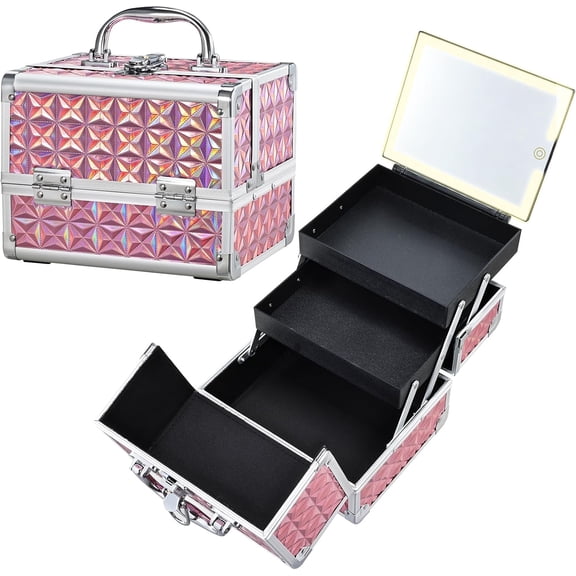 Makeup Case with Lighted Mirror Travel Makeup Organizer Box Portable Lockable 2 Trays   Case with LED Mirror for Girls Make up  Kits Sewing Vanity Storage Case, Shiny