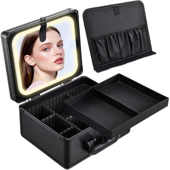 Makeup Case with Lighted Vanity Mirror, Makeup Organizer Box Travel Make up Case with LED Mirror Portable Case for Countertop Lockable Makeup Suitcase with Adjustable Dividers