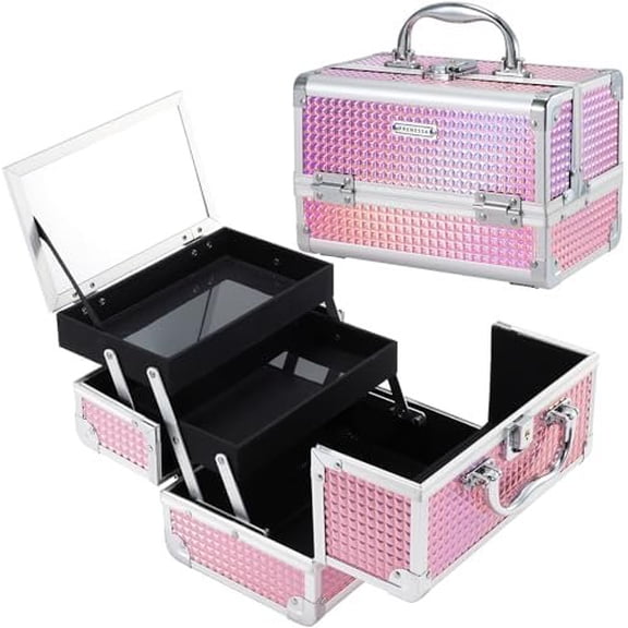 Makeup Case Makeup Box Organizer Portable Travel Case Makeup Case with Mirror Locking Make Up Cases Organizers and Storage for Supplies Hard Box Shiny