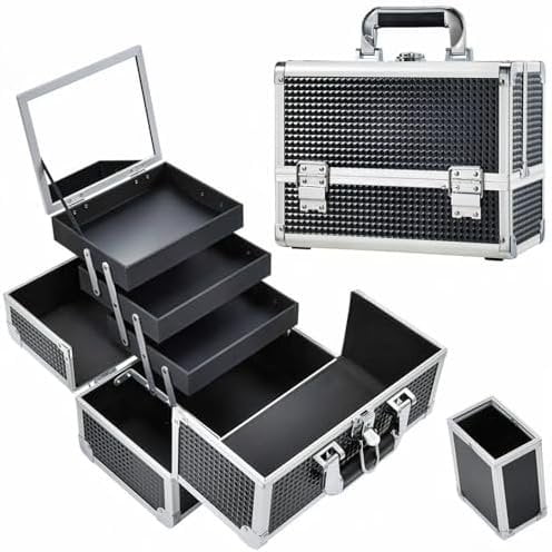 Makeup Case Makeup Case 3-Tray Box with Mirror, Shine Black, 11.8-in Large Makeup Box with Detachable Brush Holder, Lockable Portable Makeup Travel Organizer Case