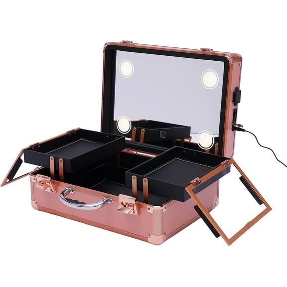 Makeup Case, Makeup Case with LED Lights and Mirror, Portable Organizer Box with Customized Dividers and Locks, Large Capacity Makeup Artist Organizer Kit, Rose