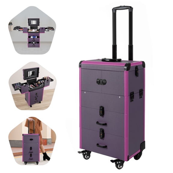 Makeup Case Makeup Train Case with Mirror 3-Tier Lockable Cosmetic Case Professional Artist Studio Cosmetic Train Table Makeup Station Travel Cosmetic Organizer Box